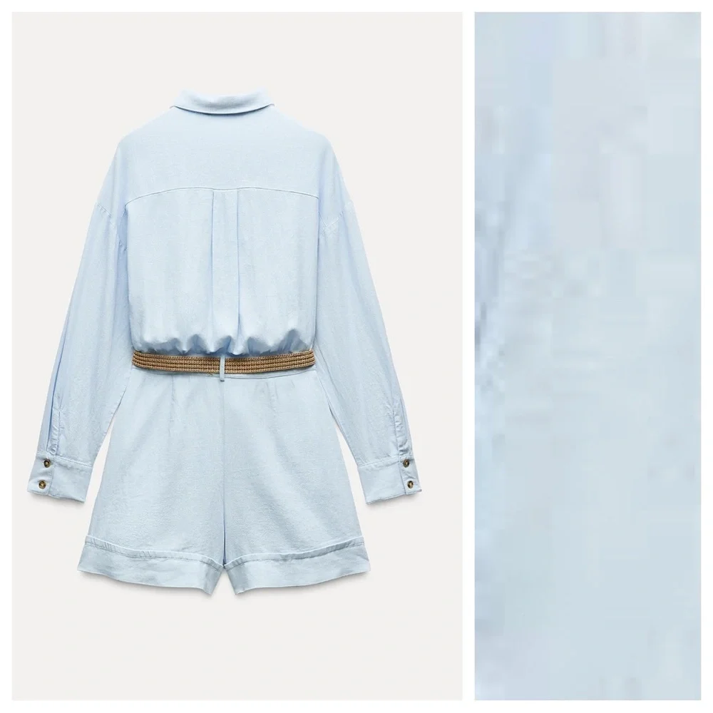 NWT. Zara Light Blue Linen Blend Belted Short Jumpsuit. Size XS.